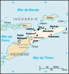 Carte de l'île de Timor mettant en évidence la frontière séparant l'Indonésie (brun sombre) et le Timor oriental (brun clair).
