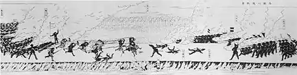 Dessin en noir et blanc représentant deux armées, une à gauche et une à droite. Les soldats des deux camps, en rang, sont en train de tirer une salve. Au centre, des fantassins armés d'une lance ou d'un sabre combattent au corps à corps