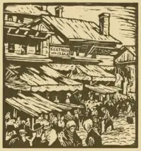 Gravure sur bois représentant une foule affairée devant de pauvres bâtisses