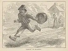 Garçon noir, seau à la main, détalant devant la maison ; silhouettes (femme et garçon) près de l'entrée.