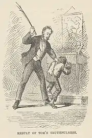 homme grand, costume noir, cheveux et favoris bouclés, fouettant jeune garçon apeuré. Au mur, carte de l'Amérique.