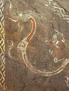 Brique peinte avec un soldat en armes chevauchant un dragon. Ier siècle av. J.-C. Han Occidentaux. Luoyang, Henan. R. Ontario Museum.