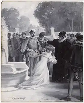 Amy Robsart au pied de la reine, peinture de Tony Robert-Fleury, vers 1890-1891, maison de Victor Hugo.