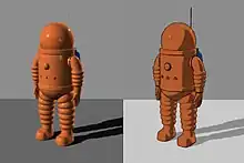 Deux scaphandres spatiaux de couleur marron sur fonds gris.