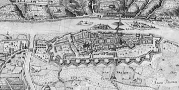 Dessin en noir et blanc du plan d'une ville.