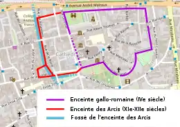 Tracés d'enceintes anciennes reportés sur le plan moderne d'une ville