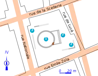 Vestiges antiques replacés dans un plan moderne de voirie. Légende détaillée ci-dessous.