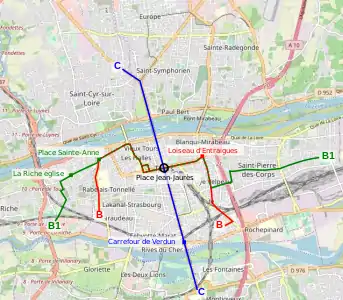 Carte en couleurs d'un réseau de transport en commun.