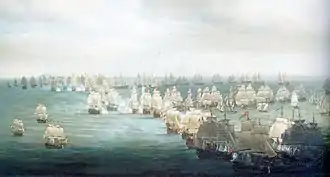 tableau ancien représentant un combat naval à voiles