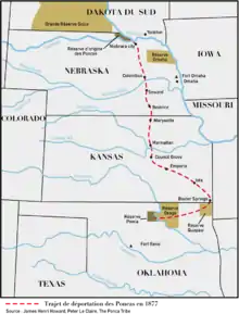 Carte des États centraux des États-Unis faisant apparaître le trajet de déportation des Poncas du nord du Nebraska à l'Oklahoma.