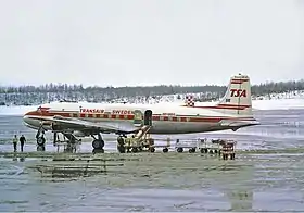 Un Douglas DC-6B de :Transair Sweden (en), similaire à celui de l'accident en 1965.