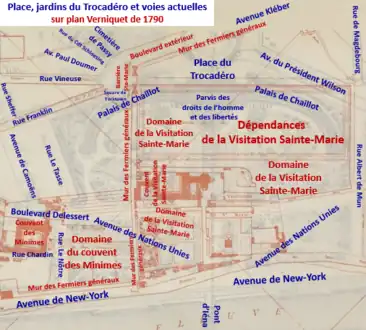 Site des futurs jardins Trocadéro sur plan de Verniquet (1790).