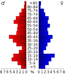 Schéma représentant la population du comté, par tranche d'âge. En rouge, à gauche, les femmes, en bleu à droite, les hommes.