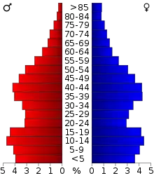 Schéma représentant la population du comté, par tranche d'âge. En rouge, à gauche, les femmes, en bleu à droite, les hommes.