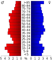 Schéma représentant la population du comté, par tranche d'âge. En rouge, à gauche, les femmes, en bleu à droite, les hommes.