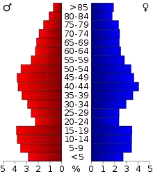 Schéma représentant la population du comté, par tranche d'âge. En rouge, à gauche, les femmes, en bleu à droite, les hommes.
