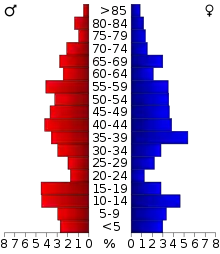 Schéma représentant la population du comté, par tranche d'âge. En rouge, à gauche, les femmes, en bleu à droite, les hommes.