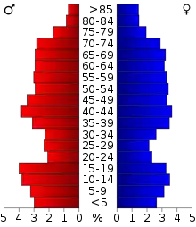Schéma représentant la population du comté, par tranche d'âge. En rouge, à gauche, les femmes, en bleu à droite, les hommes.