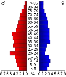 Schéma représentant la population du comté, par tranche d'âge. En rouge, à gauche, les femmes, en bleu à droite, les hommes.