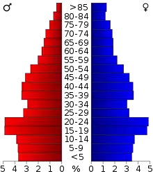 Schéma représentant la population du comté, par tranche d'âge. En rouge, à gauche, les femmes, en bleu à droite, les hommes.