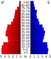 Schéma représentant la population du comté, par tranche d'âge. En rouge, à gauche, les femmes, en bleu à droite, les hommes.