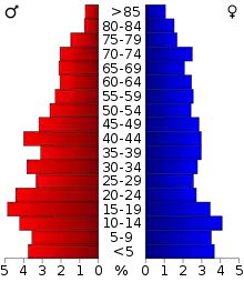 Schéma représentant la population du comté, par tranche d'âge. En rouge, à gauche, les femmes, en bleu à droite, les hommes.