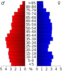 Schéma représentant la population du comté, par tranche d'âge. En rouge, à gauche, les femmes, en bleu à droite, les hommes.