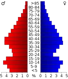 Schéma représentant la population du comté, par tranche d'âge. En rouge, à gauche, les femmes, en bleu à droite, les hommes.