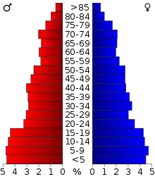 Schéma représentant la population du comté, par tranche d'âge. En rouge, à gauche, les femmes, en bleu à droite, les hommes.