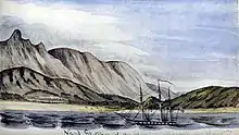 Aquarelle de l'USS Dale au large de San Jose del Cabo en 1847 pendant la guerre du Mexique. Par le matelot William H. Meyer