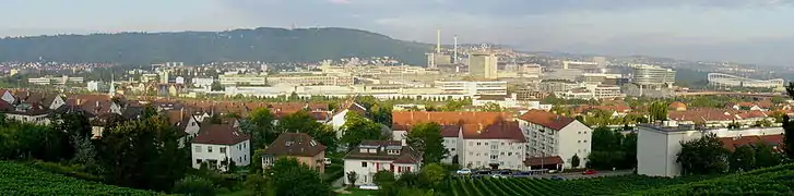 Site industriel Daimler-Mercedes-Benz Untertürkheim actuel de Stuttgart, avec musée Mercedes-Benz de Stuttgart et Gottlieb-Daimler-Stadion (MHPArena)
