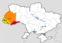 Carte où apparaissent colorées trois régions de l'ouest.