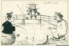 Dessin montrant trois personnages avec des cannes à pêche autour d’une mare : celui au fond, debout sur un ponton,  porte des moustache exagérément grandes et une casquette sur laquelle est écrit « Russie » ; les deux autres se trouvent de part-et-d’autre de l’avant-plan et portent des costumes traditionnels japonais et chinois.