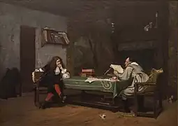 Peinture. Molière et Corneille attablés, le premier écoutant le second.