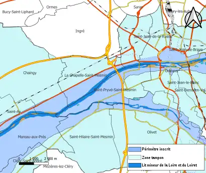 Carte en couleurs du val de Loire et du périmètre inscrit au label patrimoine de l'Unesco.