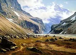 Peinture représentant une vallée encaissée bordée d'éboulis où coule un torrent.