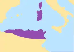 Carte de la Méditerranée centrée sur la Sardaigne, en violet les terres des Vandales