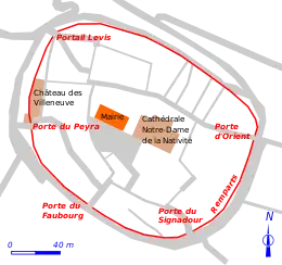 Plan sommaire du centre historique de la ville de Vence avec un trait rouge circulaire qui représente les remparts.