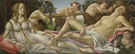 Sandro Botticelli, Vénus et Mars, c 1485. Tempera et huile sur panneau de peuplier, 69 × 173 cm.