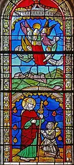 En partie inférieure, saint Jacques et un pèlerin. En partie supérieure, sainte Catherine d'Alexandrie décapitée est enlevée au ciel par des anges