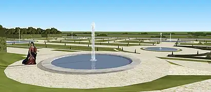 Vue restituée depuis le premier Belvédère sur les jardins du château de Villennes, début du XVIIIe siècle.