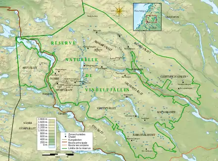 Carte topographique de la réserve de Vindelfjällen.