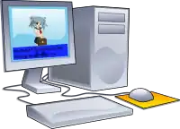 Représentation d'un visual novel joué sur un ordinateur personnel fixe avec Wikipe-tan.