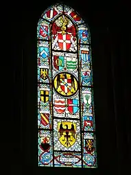 Vitrail de la Cathédrale de LausanneArmoiries de la noblesse vaudoise au XVe siècle - maison de Cerjat sur la bordure, en pied d'ogive en haut à droite.