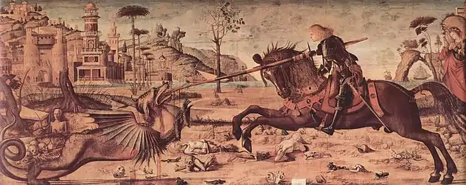 Saint Georges et le Dragon, 141 × 360 cm, huile sur toile, Scuola di San Giorgio, Venise.