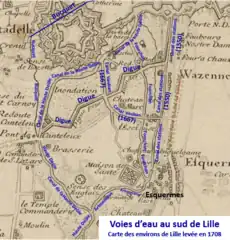 Voies d'eau au sud de Lille en 1708