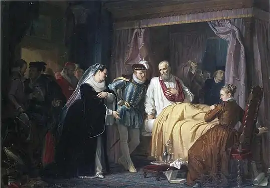 Charles IX et Catherine de Médicis s'enquérant de Coligny, après l'arquebusade dont il est victime le 22 août 1572, 1849,  huile sur toile de Georg Wilhelm Volkhart (de), Musée d'Art d'Hämeenlinna en Finlande