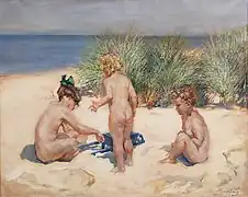 Enfants à la plage, vers 1920.