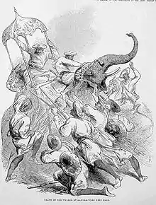 Éléphant de guerre aux Indes vers 1875. Les Birmans en engagèrent, sans grand succès, pendant les guerres anglo-birmanes.