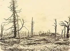 Dessin de Muirhead Bone : l'emplacement du château (1918).